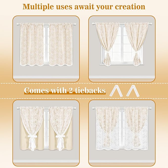 Yinhua Beige Kitchen Curtains 36 Inch Length Double Layer Blackout Cafe Curtains with Floral Sheer Overlay Rod Pocket Short Curtain for Windows, Small Window Curtain for Bathroom Living Room, 2 Panels
