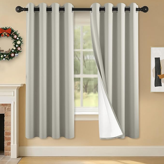 100% Blackout Curtains 63 Inch Length for Bedroom Living Room, Grommet Thermal Insulated Room Darkening Drapes, Light Blocking Window Treatment Decor, 2 Panels, 54x63, Silver Grey