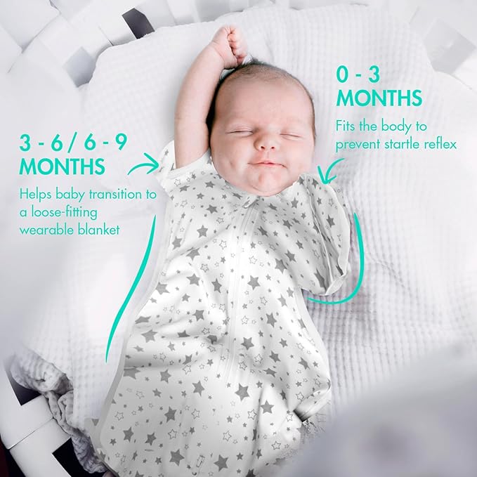 2-Pack Baby Transitional Swaddle Sleep Sack - Arms Up Transitional Swaddles with Removable Cuffs & 2-Way Zipper, Gray Stars Design, Breathable Cotton Sleep Sack (6-9 Month)