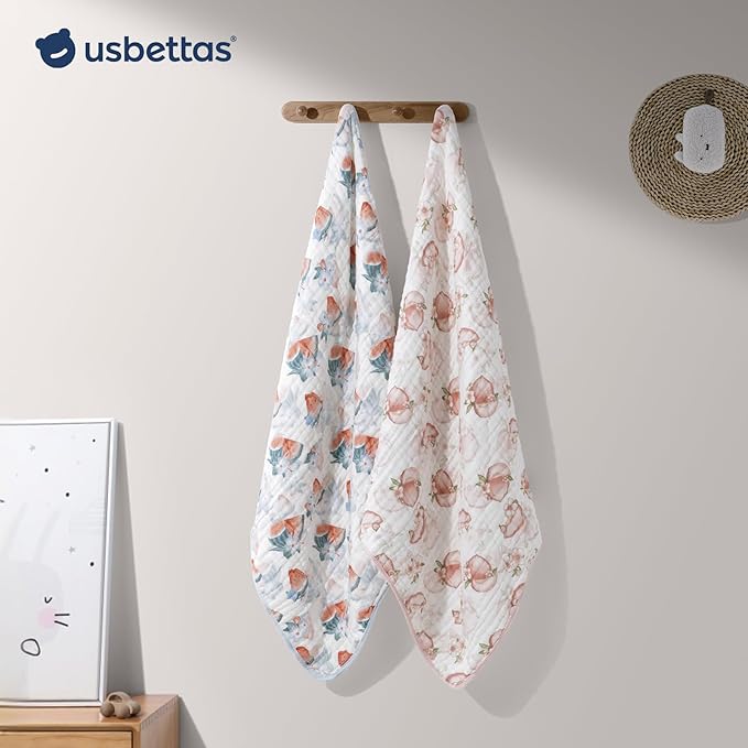 Muslin Hooded Baby Towels 2 Pack, Ultra Soft & Absorbent Baby Bath Towels, Bath & Beach Essentials, Shower Gifts for Newborns, Babies, Infant, Toddler - 32x32 Inch (Peach & Watermelon)