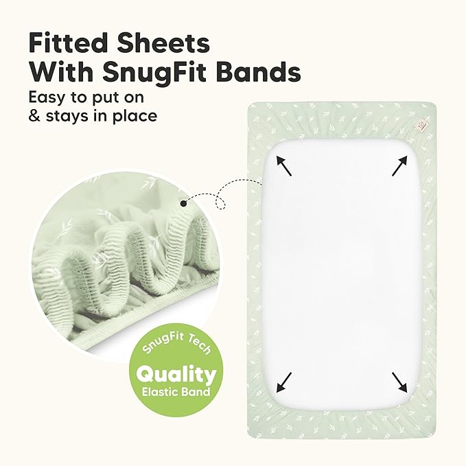 2-Pack Waterproof Baby Crib Sheets for Boys, Girls - 52x28 Viscose Derived from Bamboo Toddler Bed Sheet Neutral, Fitted Crib Mattress Protector Cover for Baby Bedding, Soft & Gentle (Herb)