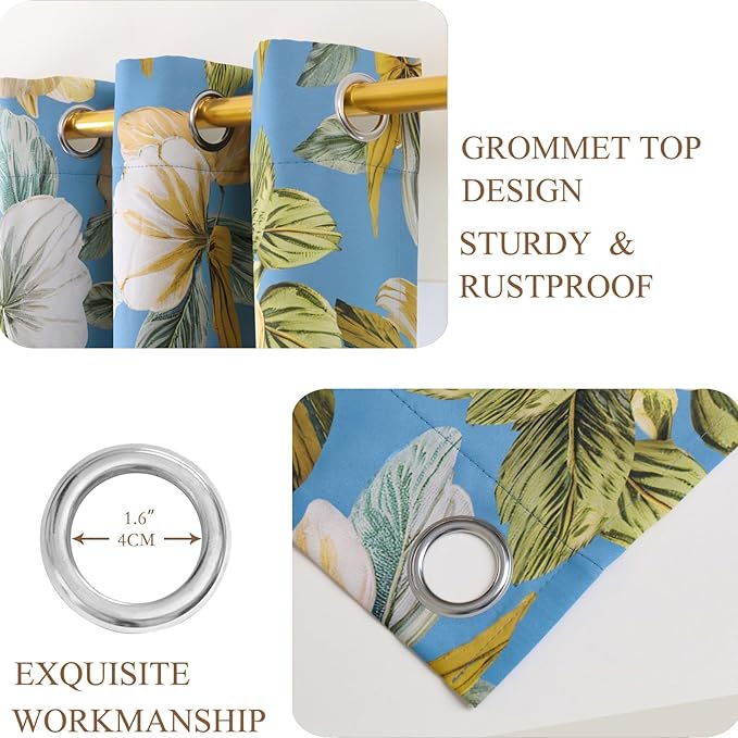 L.Z.E Blue Floral Curtains for Bedroom Light Blue Yellow Vintage Blackout Curtains 63 Inch Long 85% Room Darkening Drapes for Living Room Thermal Grommet Top 2 Panels Set Retro Short
