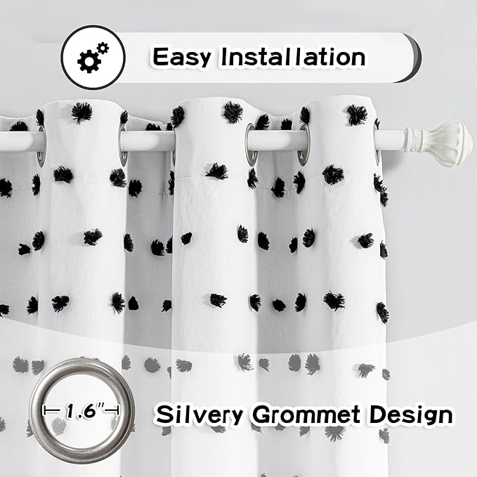 MYSKY HOME 100% Blackout Curtains for Bedroom Total Light Blocking Curtains 95 Inch Extra Long Room Darkening 2 Panels Grommet Sliding Door Privacy Window Drapes with Black Pom Pom Sheer 52" x 95"