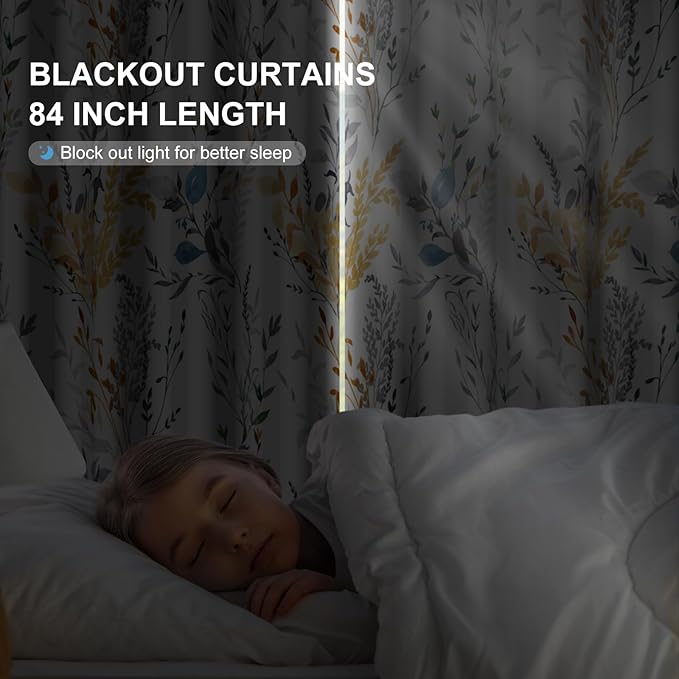 Floral Blackout Curtains 84 Inch Length 2 Panels Set, Patterned Blackout Curtains for Bedroom Grommet Room Darkening Drapes for Living Room, Privacy Soundproof Thermal Curtains for Winter Insulated