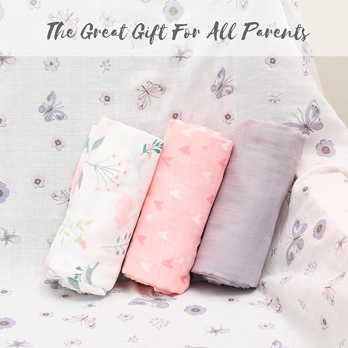 Little Grape Land Muslin Swaddle Blankets 47''x47'' 4 Pack, 100% Cotton Large Size Baby Swaddles for Newborn, Soft Breathable Baby Blankets for Newborns, Butterfly&Bunny
