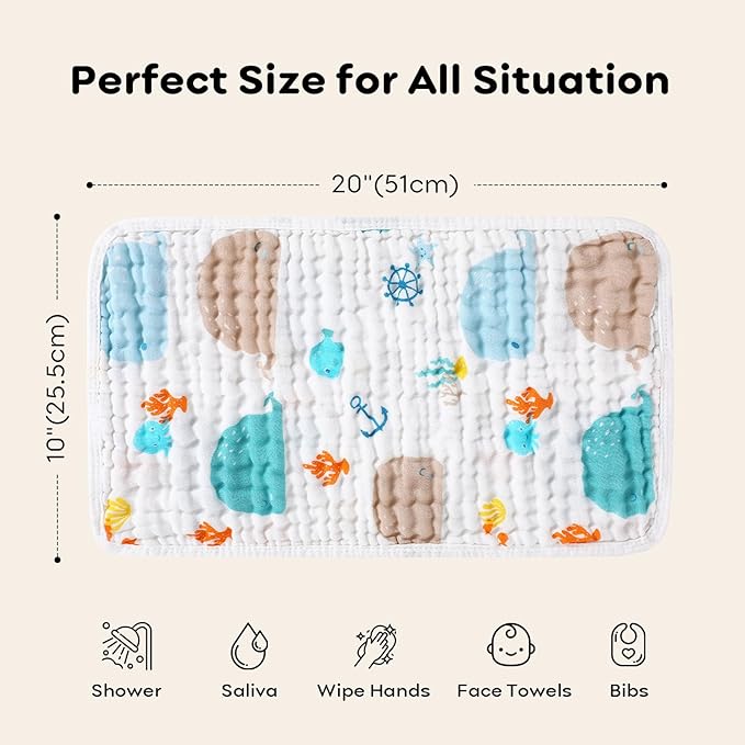 Looxii Muslin Burp Cloths 100% Cotton Muslin Cloths Large 20''x10'' Extra Soft and Absorbent 6 Pack Baby Burping Cloth (Whale)