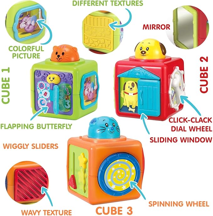 Bambiya Activity Cubes & Stacking Toy Blocks Set of 3 - Baby Blocks for Toddlers w/Animal Theme - Gross & Fine Motor Skills: Slide, Spin, Wiggle, Turn, Stack - Educational 3 Month Old Toys for Babies