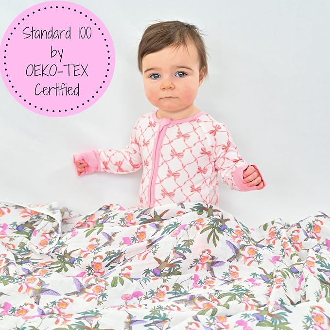 LollyBanks Baby Swaddle Blanket, 100% Cotton Muslin Blankets for Girls, 47 x 47 Inches Soft and Breathable Swaddles for Newborn, Gentle Baby Wrap Swaddle, Registry (Hummingbird Print)