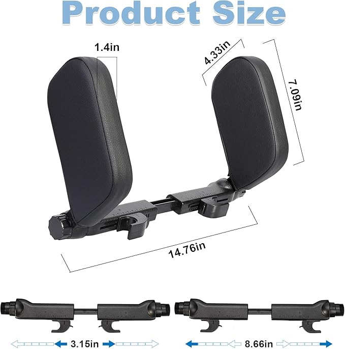 Car Headrest Pillow, Adjustable Head Rest Pillow for Car Seat, Head Neck Support for Kids Adults Travel Sleeping, Fit for Headrest with Poles (Black)