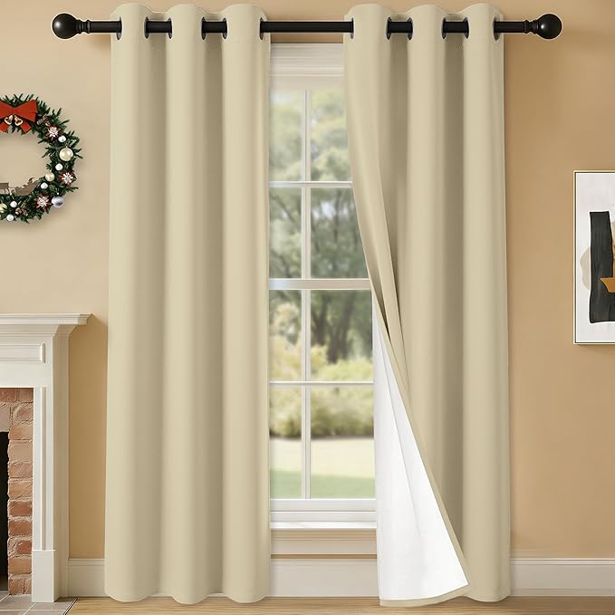 100% Blackout Curtains 84 Inch Length for Bedroom Living Room, Grommet Thermal Insulated Room Darkening Drapes, Light Blocking Window Treatment Decor, 2 Panels, 37x84, Beige