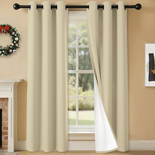100% Blackout Curtains 84 Inch Length for Bedroom Living Room, Grommet Thermal Insulated Room Darkening Drapes, Light Blocking Window Treatment Decor, 2 Panels, 37x84, Beige