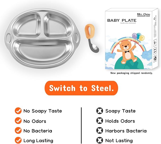 Mrs. Chou Stainless Steel Baby Suction Plates Divided Plates for Babies and Toddlers, Made of 100% Food-Grade Materials Ideal for Baby-Led Weaning BPA-Free Toddler Feeding Dishwasher Safe Orange-pink