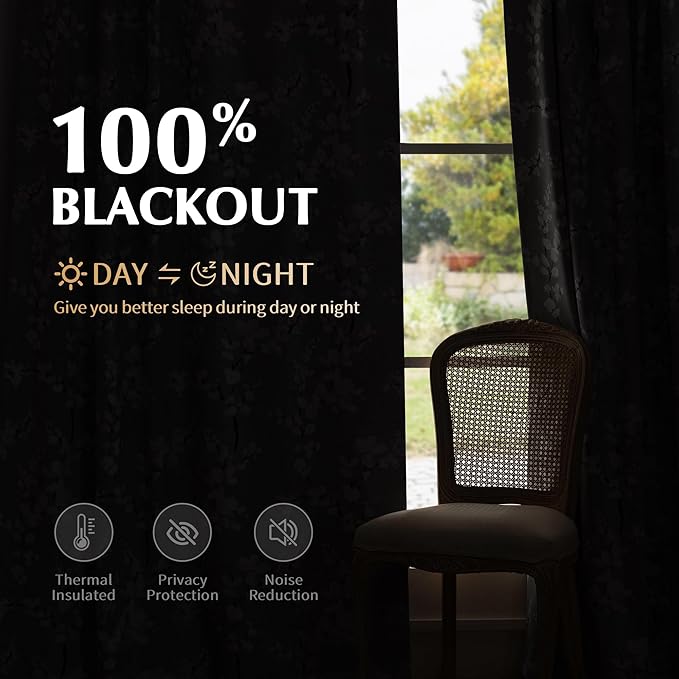 FMFUNCTEX 100% Blackout Floral Curtains for Bedroom, Grey Curtains 90 inches Long Blossom Flower Patterned for Living Room,Thermal Insulated Farmhouse Drapes, Grommet Top 2 Panels (White on Grey)