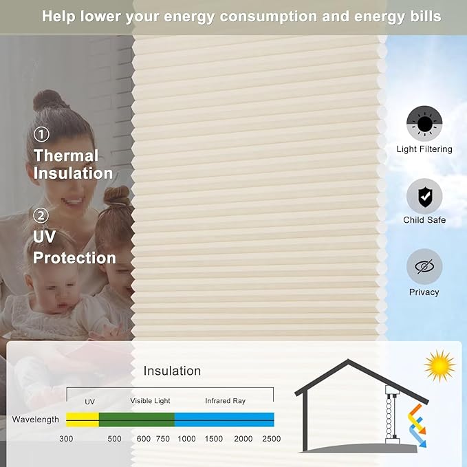 Changshade Cellular Shades Cordless Blinds for Indoor Windows, Honeycomb Blinds Pleated Window Shades Light Filtering for Bedroom, Bathroom, Shade Size 72 inch High 45 inch Wide, Beige
