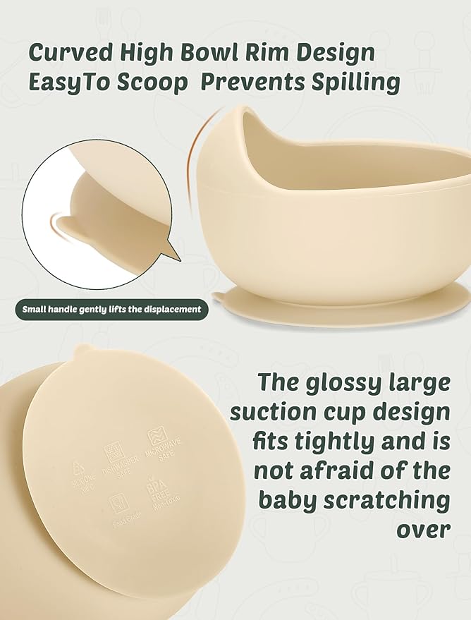 JELLDJK Silicone Baby Feeding Set, 18PCS Baby Led Weaning Supplies, Eating Essentials Utensils with Suction Plate and Bowl, Adjustable Silicone Bib, for 6+ Months (Green+Brown)