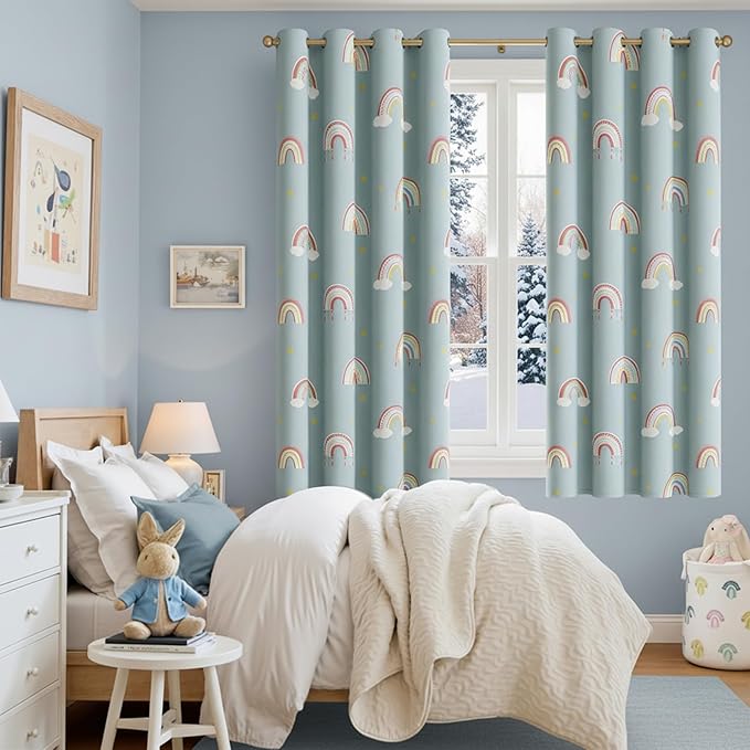 jinchan Nursery Blackout Curtains for Kids Room Rainbow Blue Curtains Cute Girls Bedroom Dorm Playroom Window Treatment Grommet Thermal Insulated Room Darkening 2 Panels 63 Inch Length