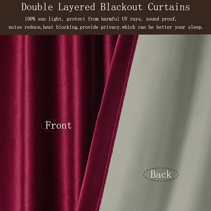 100% Blackout Red Plush Velvet Curtains 63 inch Long for Living Room,Set of 2 Panels Liner Rod Pocket Back Tab Thermal Window Curtains Room Darkening Heavy Decorative Curtains Drapes for Bedroom