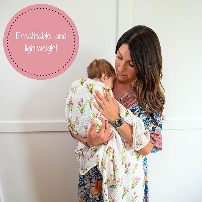 LollyBanks Muslin Swaddle Blankets 2PACK, 100% Cotton Baby Blanket 47 x 47 Inches, Large Baby Swaddle Breathable, Muslin Blankets for Girls (Hydrangea and Tulip Print)