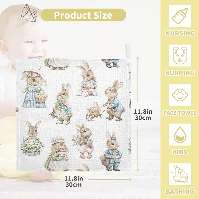 Vvfelixl Muslin Washcloths Easter Rabbits Bunny Baby Burp Cloths Cotton Face Towel for Newborn Infants Boys Girls - Soft and Absorbent 11.8 X 11.8 in, 3 Pack
