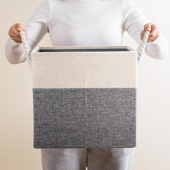 PRANDOM Large Foldable Cube Storage Bins 13x13 inch [2-Pack] Fabric Linen Storage Baskets Cubes Drawer with Cotton Handles Organizer for Shelves Nursery Closet Bedroom White and Grey