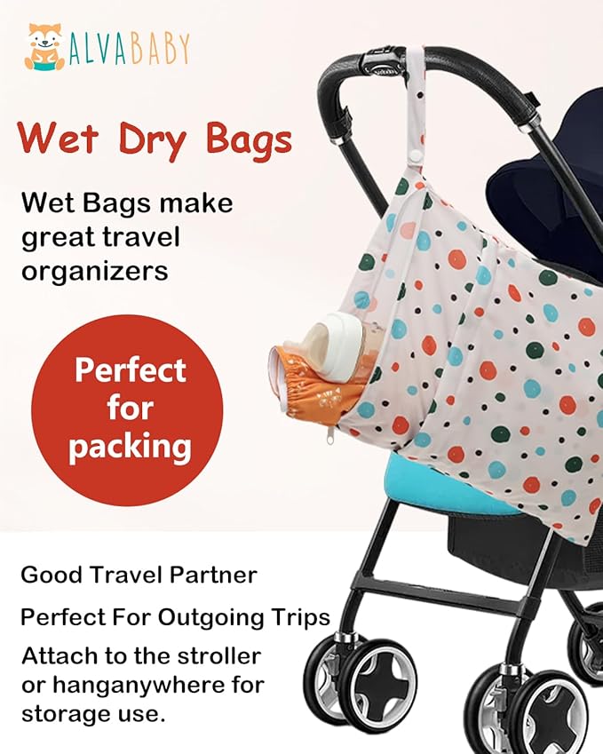 ALVABABY 3pcs Cloth Diaper Wet Dry Bags Waterproof Reusable with Two Zippered Pockets Travel Beach Pool Daycare Soiled Baby Items Yoga Gym Bag for Swimsuits or Wet Clothes 3L-ZM34