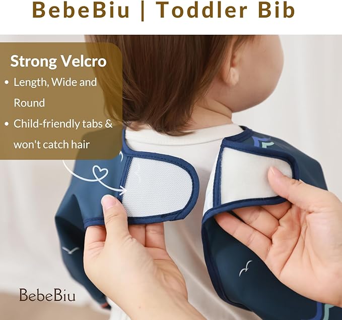 BebeBiu Long Sleeve Baby Bib, Waterproof Fabric, Catch-All Pocket, Baby Smock Bib, Adjustable Sleeves