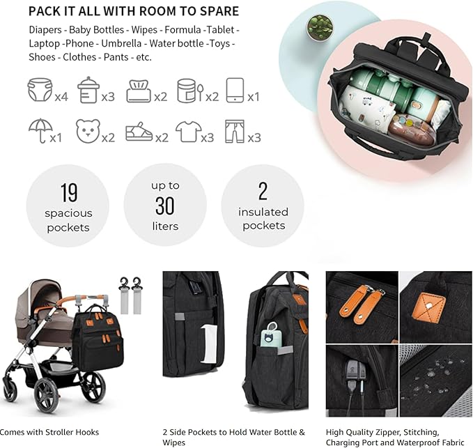 Baby Diaper Bag with Changing Station, Waterproof Diaper Bag Backpack for Mom/Dad, Baby Shower Gifts, w/USB Charging Port, Insulated Bottle Holders & Pacifier Case, XL Storage Backpack, Black