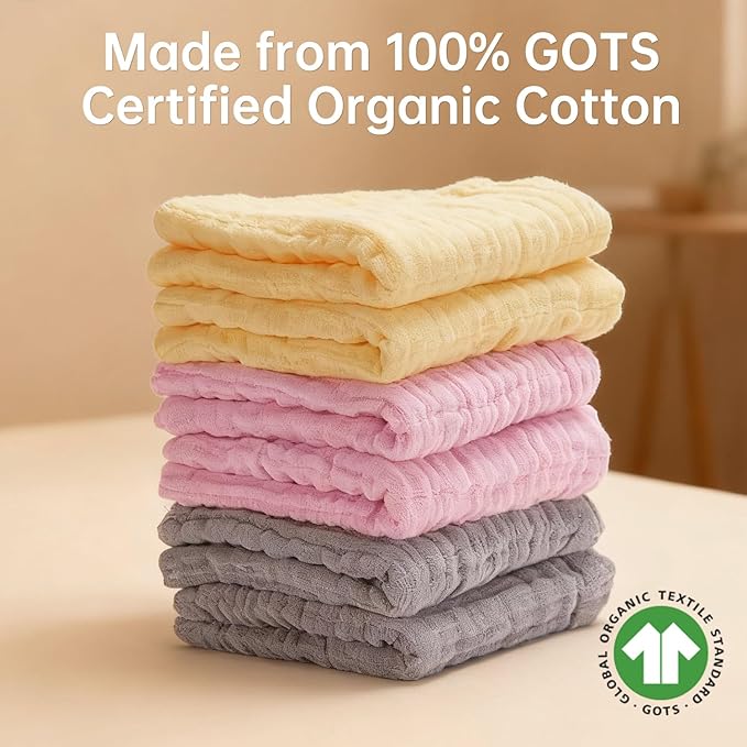 Bear Rocket Organic Muslin Baby Washcloths 6 Pack Baby Bath Face Towel 12x12 Inch Extra Absorbent and Soft Burp Cloth and Wash Cloths for Newborn-Infants On Sensitive Skin (Yellow Pink Grey)