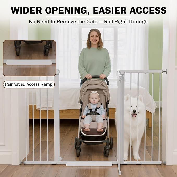 Mumeasy 36" Extra Tall Baby Gate for Doorways, 29.7"-57" Extra Wide Dog Gate for Stairs, Pressure Mounted Auto Close Pet Safety Gate with Easy Walk Thru Door, Large Indoor Child Gate for House, White