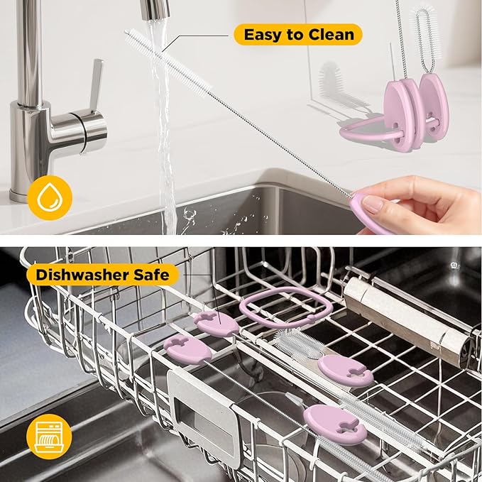 VOGOGE Straw Brush Set, 4 Piece Cleaner Kit with Standable Key Ring for Reusable Straws, Tumblers & Water Bottles – Designed for Kids & Adults, Pink