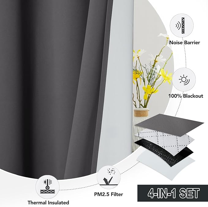 RYB HOME Soundproof Curtains for Bedroom, PM2.5 Particle Filter 100% Blackout Energy Saving Small Window Curtains for Baby Nursery Living Room Home Office, Grey, W 42 x L 63 inches, 2 Pcs