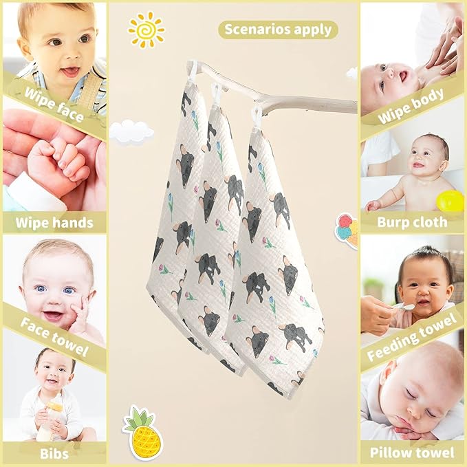 vvfelixl Baby Cotton Washcloths Black French Bulldog Infants Bath Towel for Unisex Face Towels for Newborn, Natural Baby Wipes Delicate Skin, 11.8 X 11.8 inch, one sizex5
