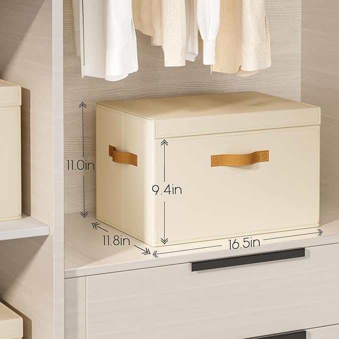 Large Storage Bins with Lids - Front Opening Fabric Storage Bins, Flap Closet Organizer with Handles, Collapsible Boxes with Lid, Decorative Basket for Home, Dorm, 4 Pack, Beige