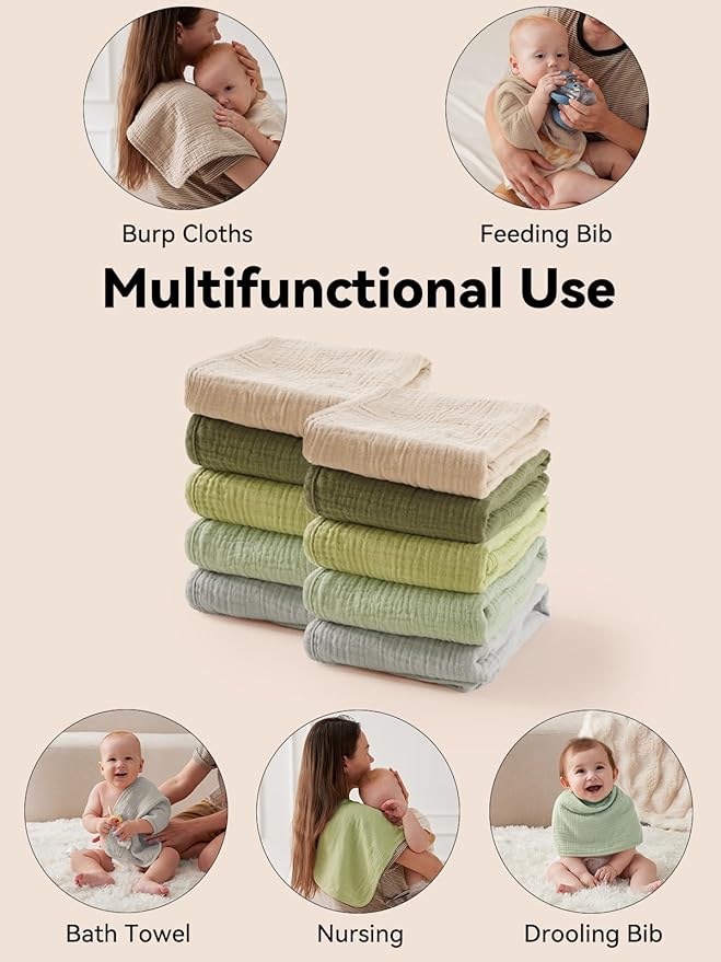 TILLYOU Muslin Burp Cloths Baby Boy Girl 20" x 10", 6-Layer Absorbent 100% Cotton Burping Cloths Large Soft, 10 Pack(Gradient Green)