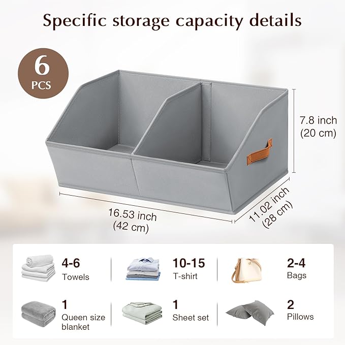 Closet Organizers and Storage Bins - 6 Pack Collapsible Divided Trapezoidal Cube Storage Bins Baskets For Organizing Clothes Blankets,Toys, Books, Towels(Light Grey)