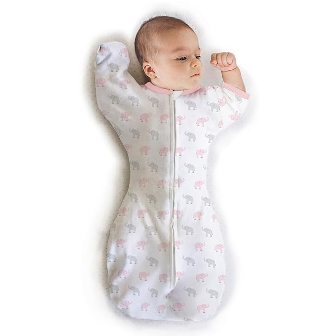 Amazing Baby Transitional Swaddle Sack with Arms Up Half-Length Sleeves and Mitten Cuffs, Medium, 3–6 months, 14-21 lbs, Tiny Elephants, Pink (Arms Up Swaddle, Transition Swaddle Sleep Sack)