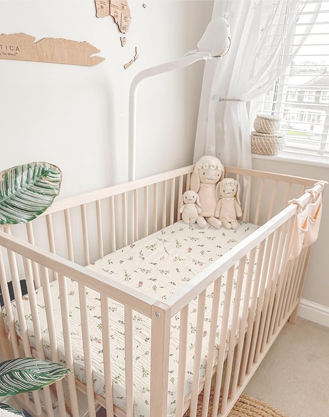 Crib Sheets for Baby Boy Girl 2 Pack, Fitted Crib Mattress Sheet 28" x 52", Muslin Toddler Bedding with Neutral Style, Nursery Bedding Essentials (Petal Leaf & Pink)