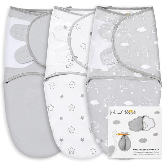Mama Cheetah Baby Swaddle Sack, Organic Swaddle Blanket, Newborn Swaddling Sleep Sacks, Adjustable Easy Swaddles for Boy Girl 0-3 Month, Baby Essentials, Nursery Swaddling, 3-Pack