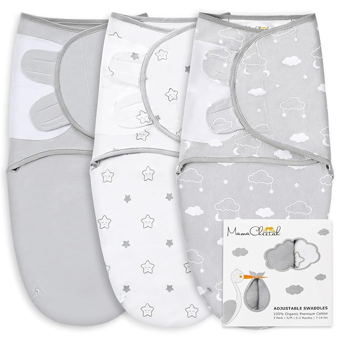 Baby Swaddle Blanket, Swaddle Wrap for Newborn and Infant, Adjustable Swaddle Set for Baby Boy and Girl, 3 Pack Soft Organic Cotton, Large (3-6 Months), Grey and White