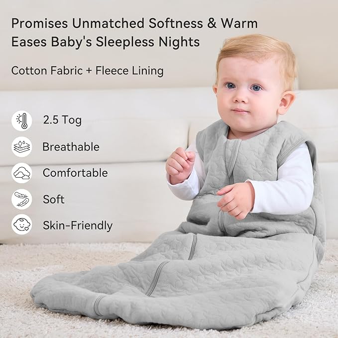 Unnivoll Baby Sleep Sack 12-18 Months TOG 2.5 Winter Baby Wearable Blanket, 100% Cotton Fabric Toddler Sleeping Sack 2-Way Zipper Quilted Baby Sleep Bag, Warm Soft Grey