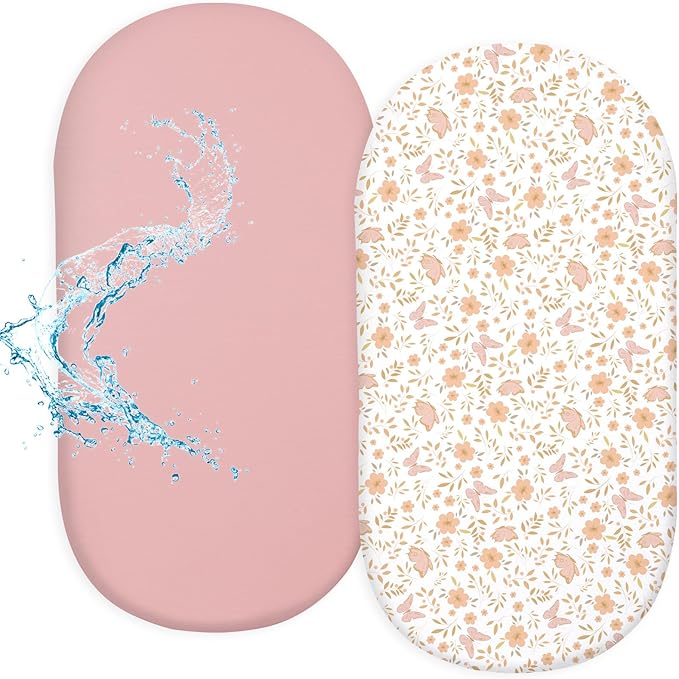 FIOBEE Baby Bassinet Sheets for Girls Boys 2 Pack Waterproof Bassinet Mattress Elastic Fitted Crib Sheets Universal Fit for Hourglass Oval and Rectangle Bassinet Sheet, Pink