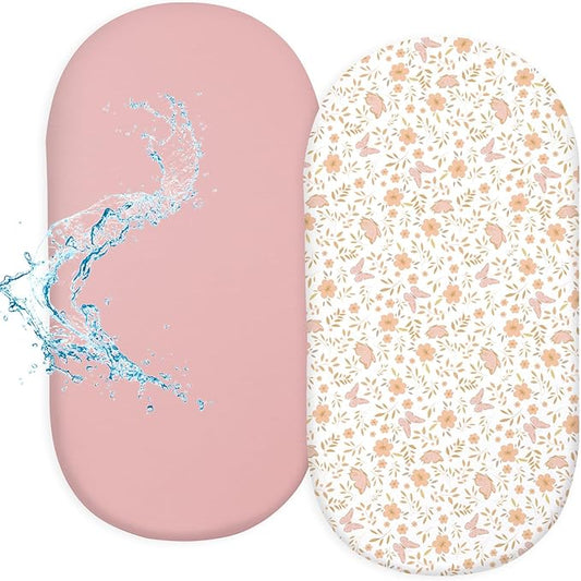 FIOBEE Baby Bassinet Sheets for Girls Boys 2 Pack Waterproof Bassinet Mattress Elastic Fitted Crib Sheets Universal Fit for Hourglass Oval and Rectangle Bassinet Sheet, Pink