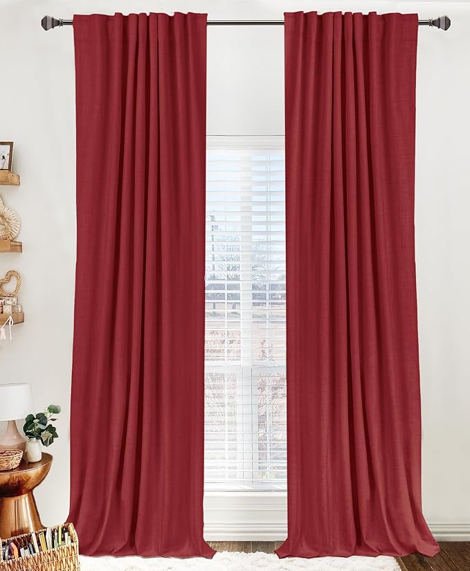 100% Blackout Shield Linen Blackout Curtains for Bedroom 102 Inches Long, Back Tab/Rod Pocket Living Room Drapes, Thermal Insulated Blackout Curtains 2 Panels Set, 50" W x 102" L, Red