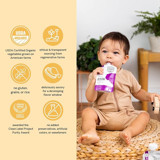 Serenity Kids 6+ Months Baby Food Pouches Puree Made With Ethically Sourced Meats & Organic Veggies | 3.5 Ounce BPA-Free Pouch | Grass Fed Bison, Kabocha Squash, Spinach | 1 Count