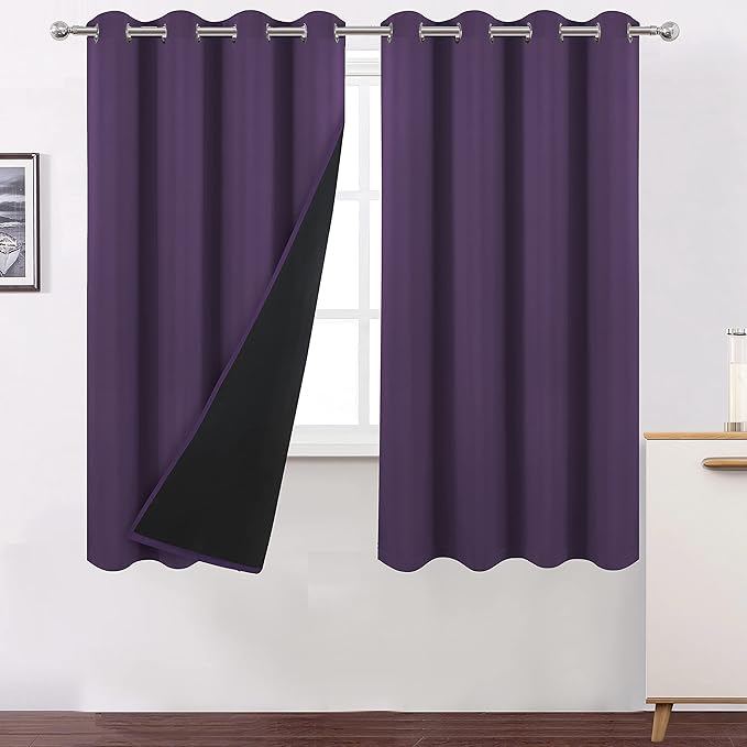 LEMOMO 100% Blackout Purple Curtains with Black Lining/52 x 63 Inch/Set of 2 Panels Thermal Insulated Room Darkening Curtains for Bedroom