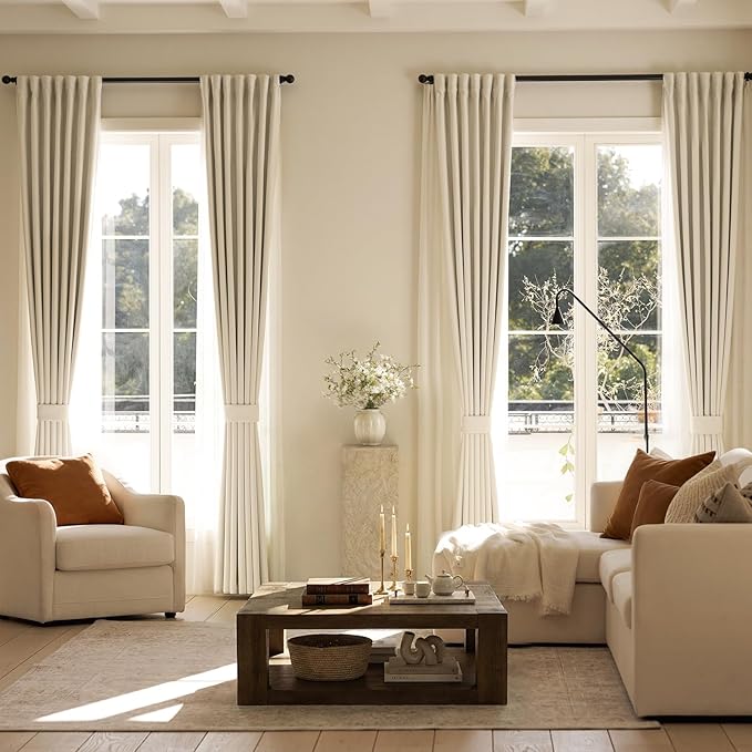 Chenille Blackout Curtains for Bedroom 96 Inches Long Light Block Living Room Curtains Beige Room Darkening Drapes Triple Weave Noise Reducing Drapes Thick Thermal Insulated Window Curtains 2 Panels
