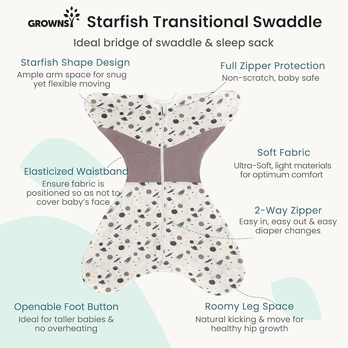 GROWNSY Transitional Swaddle Sleep Sack 3-6 Months, Starfish Design Baby Swaddle Sack, Dual-Zipper for Easy Diaper Changes, Proper Hip Development & Openable Foot Button, 12-20lbs, Space Tourism