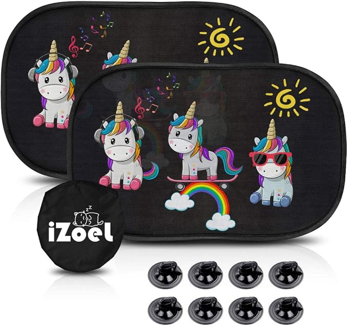 Car Sun Shade for Baby Kids 2 Pack Static Cling Side Window Car 80GSM Rear Sunshades Universal with 8 Suction Cups and Storage Bag - Sun Glare and UV Rays Protection (Unicorn)