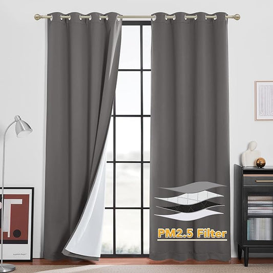 RYB HOME Noise Reducing Barrier for Bedroom, Totally Blackout Curtains and Drapes Energy Smart Window Treatment Anti Dust Divider Filtering PM2.5 Pollen Smog, Grey, W52 x L95 inch, 2 Panel