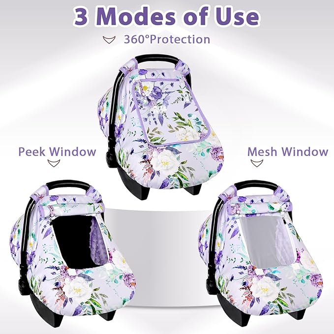 Car Seat Cover Baby Girl, Warm Winter Carseat Cover for Baby, Purple Floral Infant Car Seat Canopy with Peep Window, for Protecting Baby from Wind & Sun, Kick-Proof & Windproof